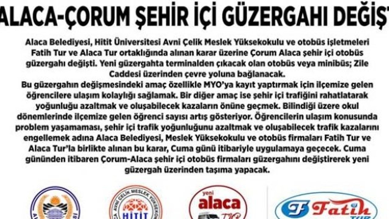 Alaca Çorum arası şehir içi güzergah değişti